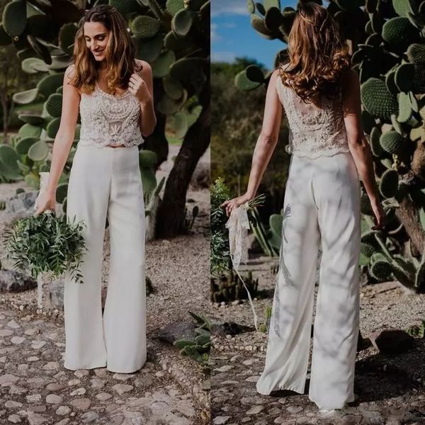 Discount Designer White Two Pieces Pant Suit For Bridal Scoop Neck
