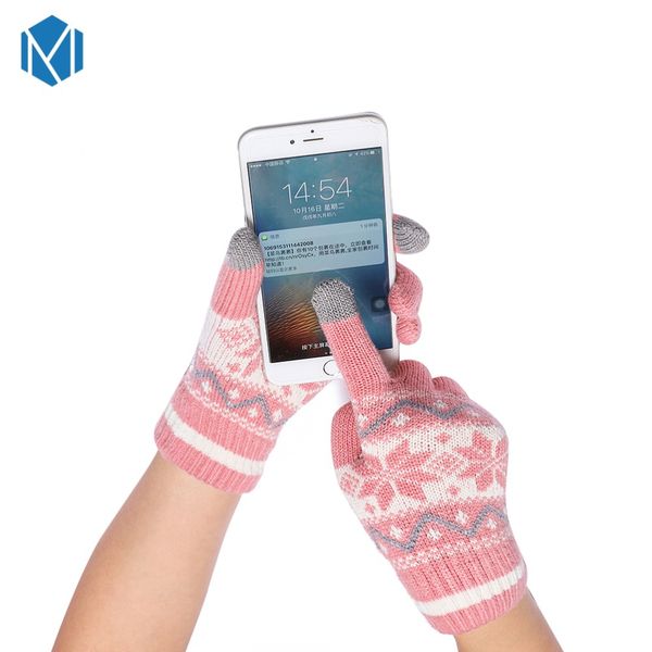 

casual warm thick cashmere winter gloves womens snowflake wave woolen knitted cotton mittens screen luvas for girls gifts, Blue;gray