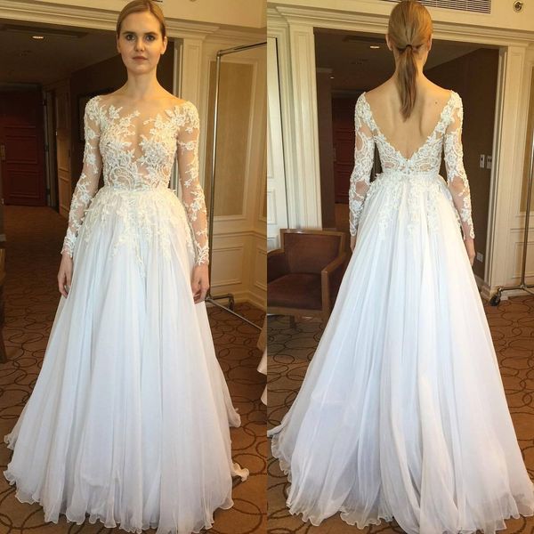 

bling illusion 3d floral flowers beaded wedding dresses appliques white chiffon bridal gown country long sleeve v backless boat neck