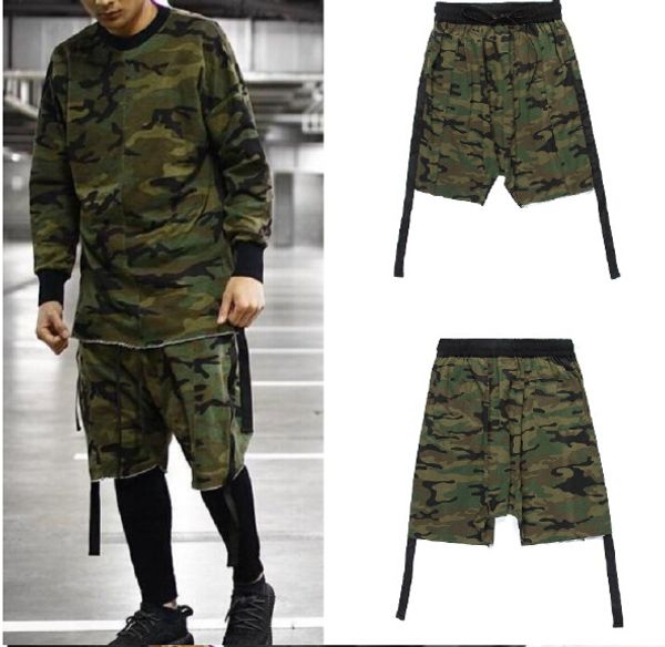 

Hip Hop Camouflage Elastic Waist Big Crotch Shorts KANYE WEST High Street Side Belt Design Short Pants Mens Fashion Casual Shorts