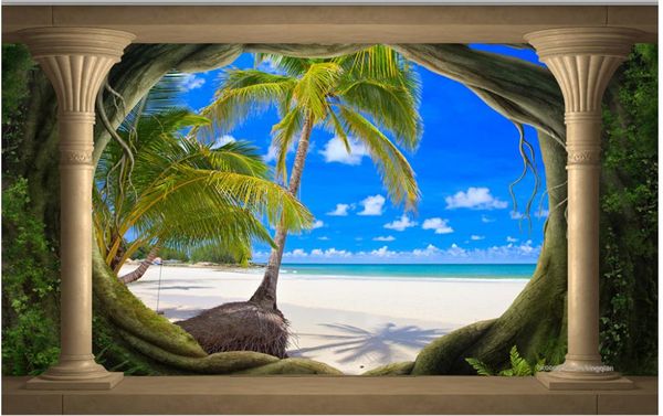 Personalizado foto papel de parede KTV Original Roman coluna árvore buraco praia vista para o mar TV 3D fundo da parede da arte mural para sala de estar grande pintura h