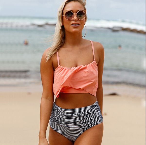 

2018 new fashion women's two-pieces bikinis set low collar sun-bra pad high-waist striped swimwear bathing suit for lady,ch-yh017