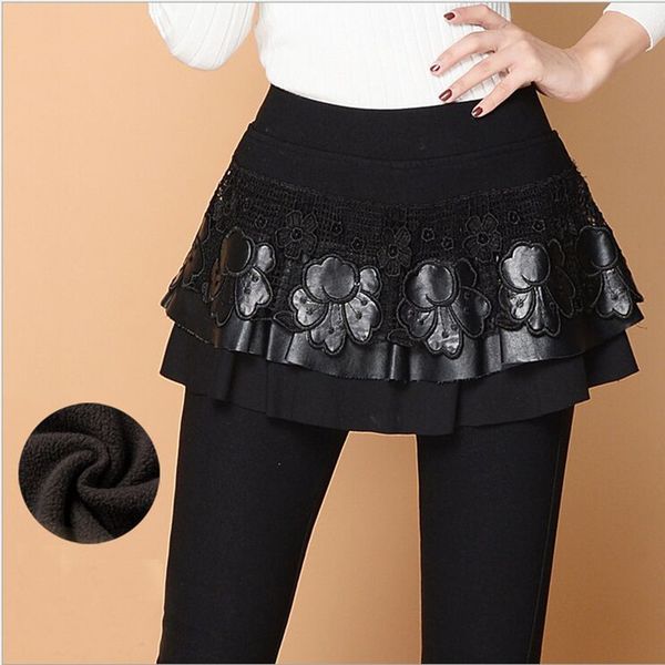 

winter leggings with skirt false two pants 2018 women pu lace stitching was thin elastic large yards plus velvet black pants, Black;white