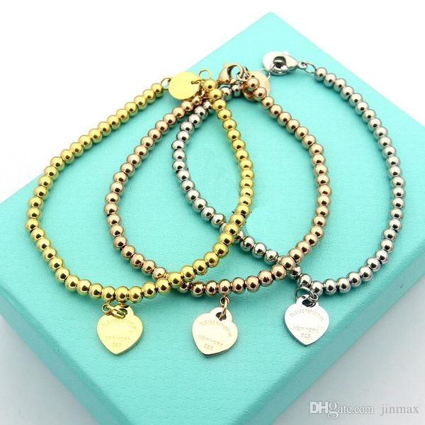 

19cm cla ic 316l tainle teel jewelry t letter bracelet mooth peach heart bead bracelet for women love bracelet gift