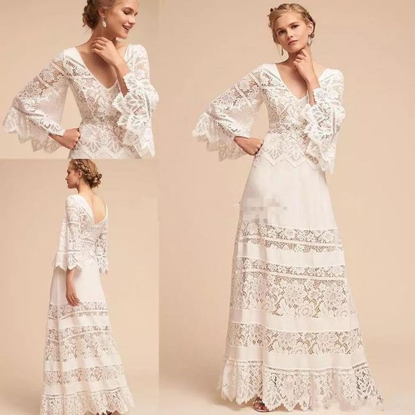 

2018 new country bohemia wedding dresses lace long sleeve plus size v neck bhldn full length bridal gowns, White
