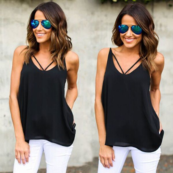 

women vest pullover v-neck sleeveless blouse casual tank summer chiffon casual clothes, White