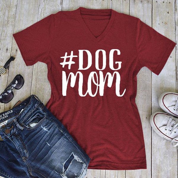 

dog mom letter print tshirt summer short sleeve gray wine red women tee shirt v neck new fashion female maternity plus size, White