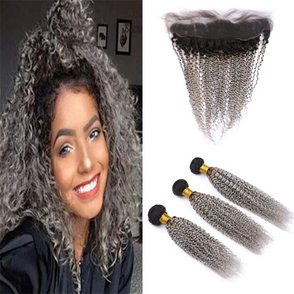

black to gray ombre curly human hair weave bundles with lace frontal closure kinky curly dark roots grey ombre indian hair and frontal, Black;brown