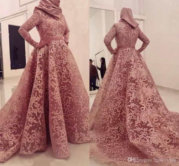 Modesto árabe muçulmano manga longa formal vestidos de noite rosa pescoço alto uma linha laço apliques de baile de baile mãe de vestido de noiva