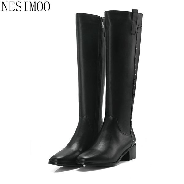 

nesimoo 2019 women knee high boots fashion winter boots zipper square high heel square toe elegant balck women size 34-40, Black