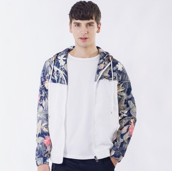 

Mens Floral Printed Jackets Plus Size Spring and Autumn Hooded Windbreaker Coats Free Shipping Long Sleeve Fashion Sportswear M-4XL