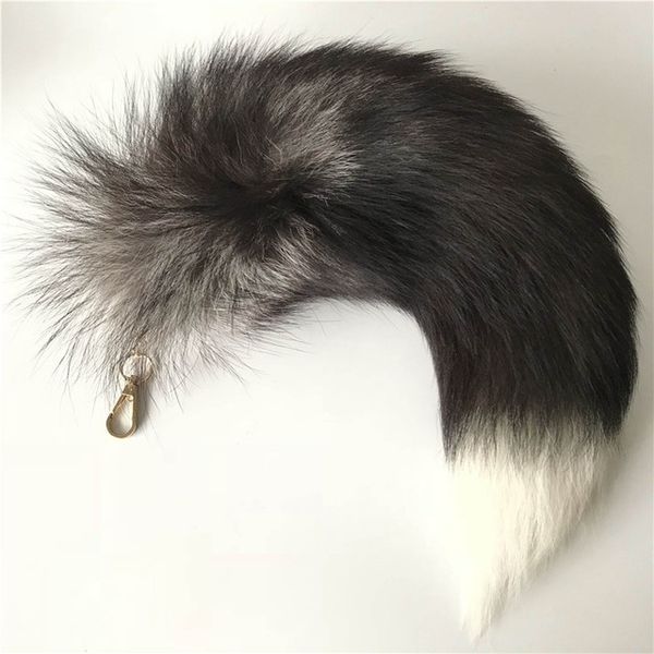

40cm real ilver fox tail co play toy keychain leather ta el keychain bag charm car keyring pendant