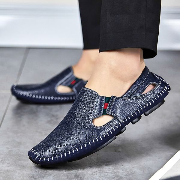 

cow split leather men sandals waterproof summer flats shoes korean version daily breathable feet lazy casual real leather sandals 5-12, Black