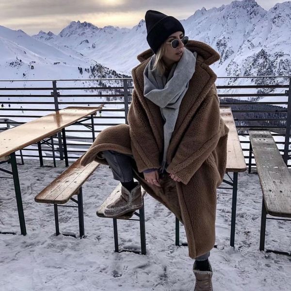 

women casual long woolen coat winter solid female lambswool wool blends loose coat, Black