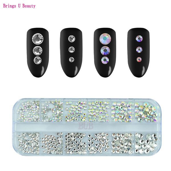 

1 box 12 grids nail art decoration crystal rhinestone 2mm~5mm clear ab flatback gems useful diy 3d glitter nails art ornaments, Silver;gold