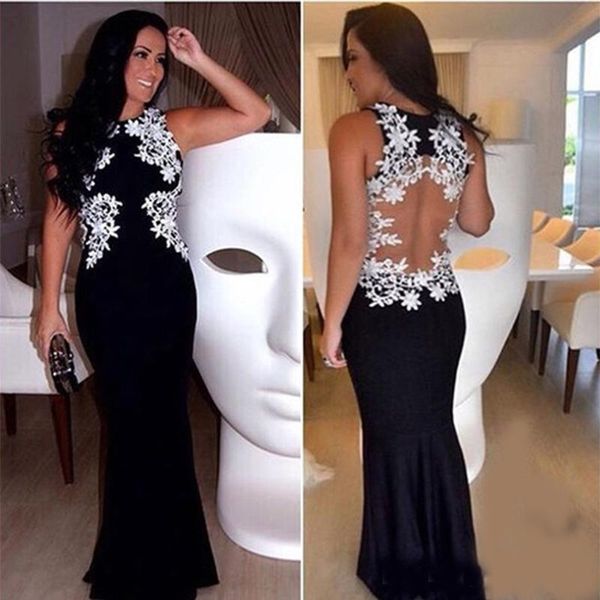 

Black High Neck Keyhole Back Evening Gown with White Appliques Sheath Prom Party Long Women Dress Plus Size Sweep Train