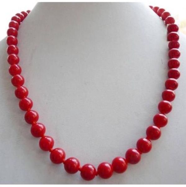 

10mm red south sea coral round bead necklace 18 inch 14k solid gold clasp, Silver