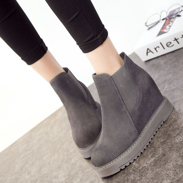 

women boots 2018 new autumn & winter snow boots genuine leather wedge thick bottom increased ankle winter shoes, Black