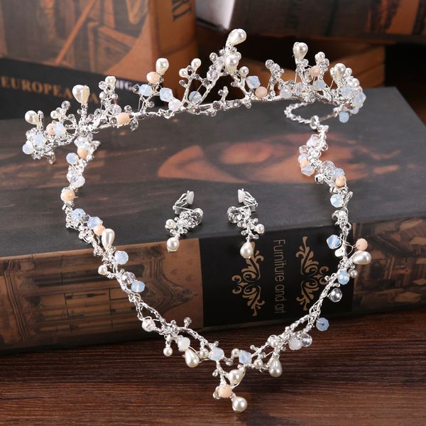 

handmade pearl vintage wedding bridal jewelry sets women party decorations bride tiara necklace earring jewelry set accessories, Slivery;golden