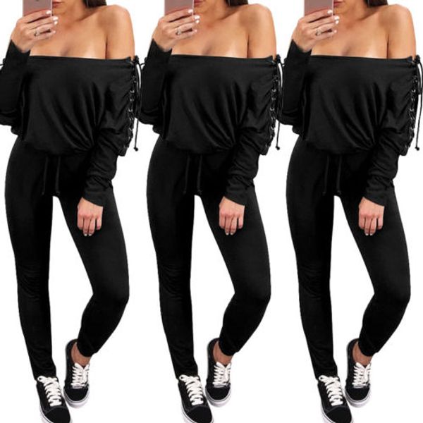 

women off shoulder bandage playsuit eyelet lace up all black tunic bodycon long sleeve jumpsuit romper trousers, Black;white