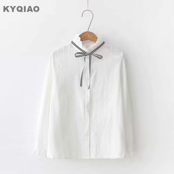 

kyqiao blusas mujer de moda 2018 mori girls autumn spring japan style fresh long sleeve stand collar white bowknot blouse