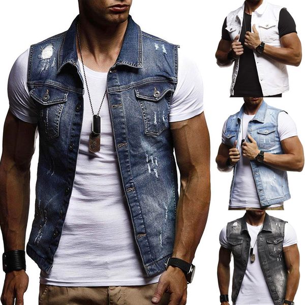 

summer ripped mens denim vest male tank washed jeans waistcoat man cowboy brand hip hop sleeveless jacket, Black;brown