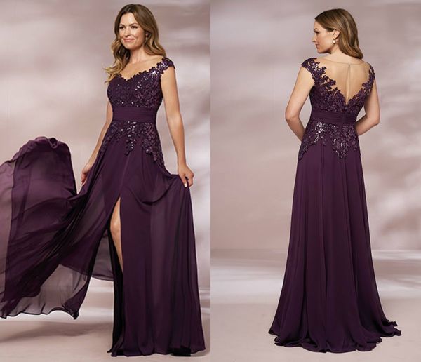 Abiti per la madre della sposa viola con cintura con scollo a V in pizzo con paillettes Appliques Elegante abito da ospite in chiffon con spacco laterale Abiti taglie forti