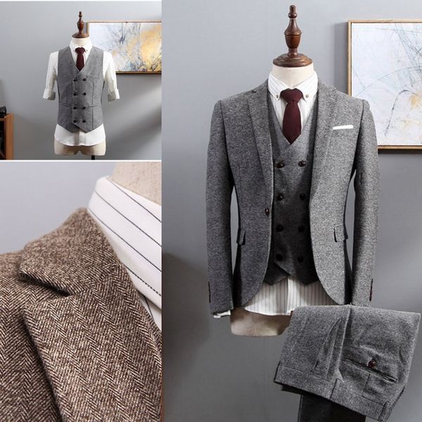 

2019 wool slim fit groom tuxedos wedding suits herringbone tweed groomsmen an prom suits (jacket+pants+vest) real image plus size, Black;gray