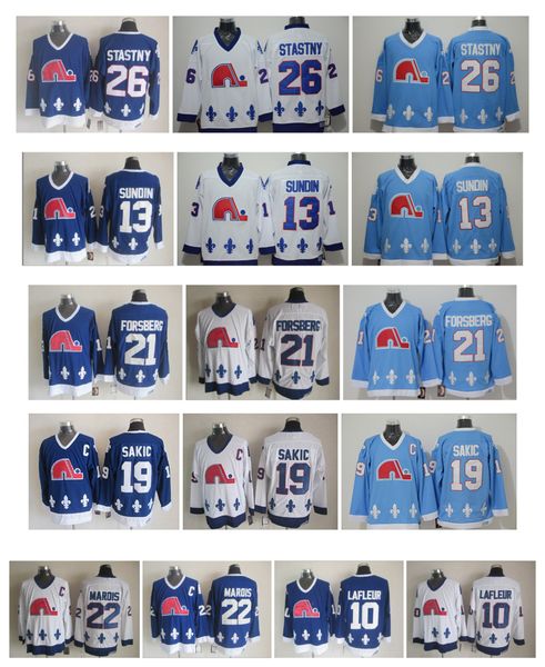 

retro quebec nordiques hockey jersey 13 mats sundin 21 peter forsberg 26 peter stastny 19 joe sakic 10 lafleur 22 marois vintage ccm, Black;red