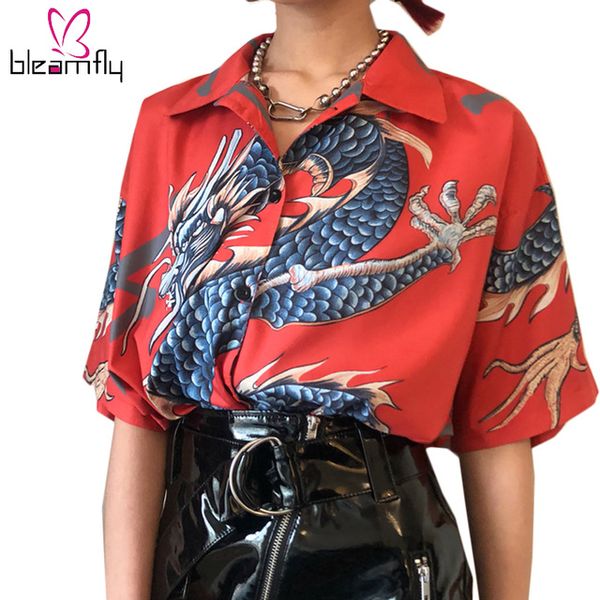 

2018 Harajuku Женские Топы И Блузки Дракон Печати Boho С Коротким Рукавом Старинные Рубаш