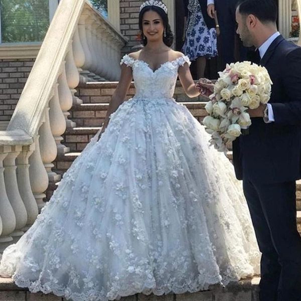 3D Florals Appliqued Lace 2019 Vestidos De Casamento Vestidos De Bola Plus Size Nupcial Vestido Glamorous Off the Ombro Wedding Dress
