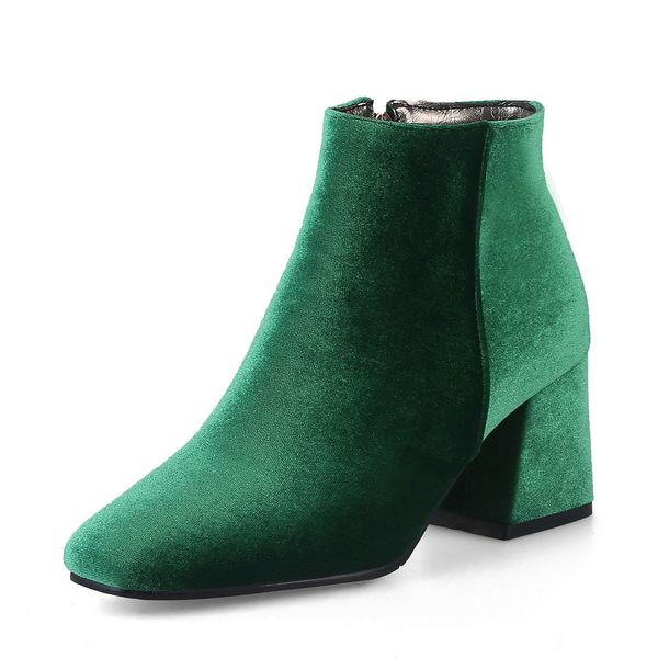

velvet boots women ankle boots high heels short boots zipper 2018 brand luxury block heel shoes green big size 12 33-46, Black