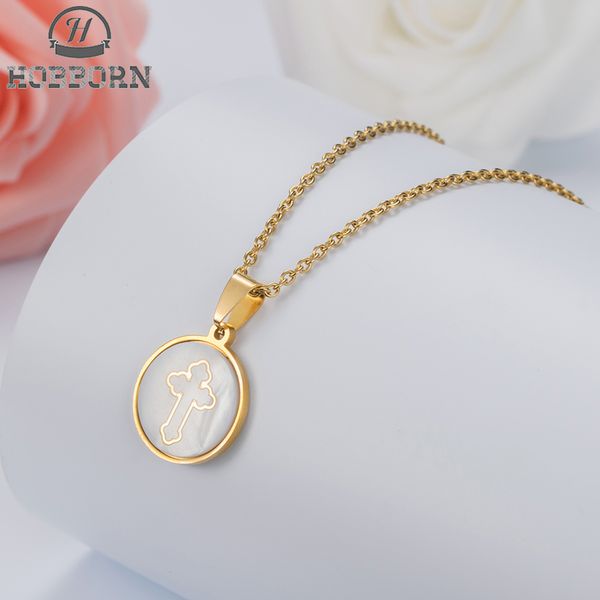 

hobborn trendy men women cross necklace stainless steel gold color shell necklaces & pendants religious jewelry collares mujer, Silver