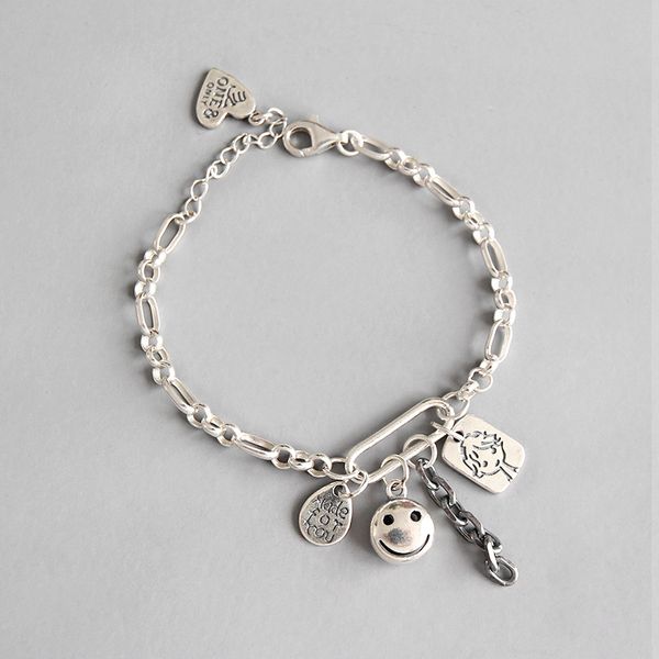 

real 925 sterling silver charms bracelets for women bisuteria, vintage smile face bracelets & bangles letters heart jewelry, Golden;silver