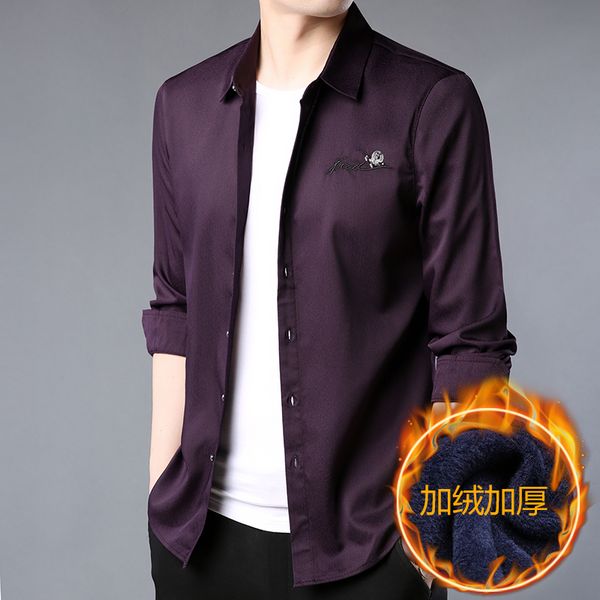 

men's solid plus velvet thick warm shirt winter male long sleeve smart casual standard-fit comfortable stretch dress shirts, White;black