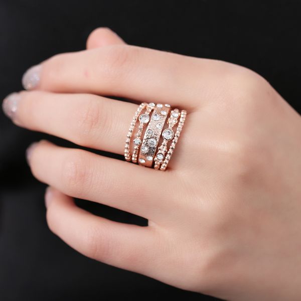 

5 pcs charm vintage sparkly rose gold color crystal rhinestone stackable ring set for women wedding jewelry, Golden;silver