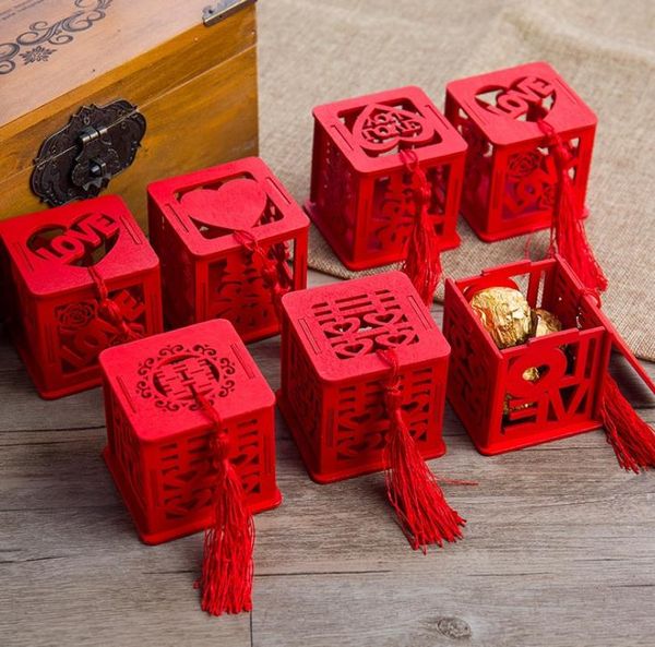 Estilo chinês do vintage novidade quadrado vermelho caixas de bombons de casamento de amor de presente favores do partido fornecimento de açúcar SN1012