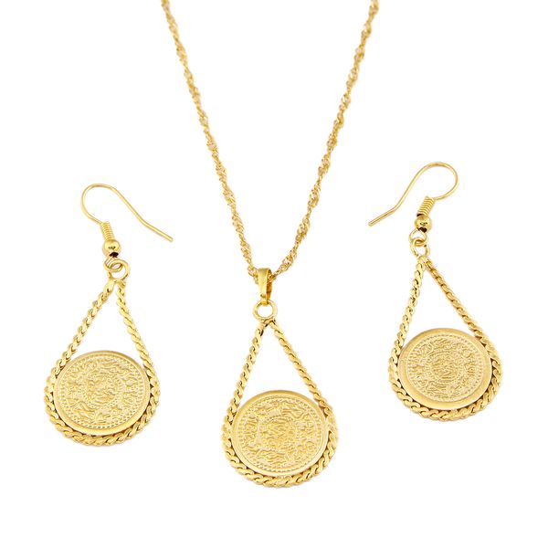 

gold color coin money sign pendant with earring set muslim jewelry, Black