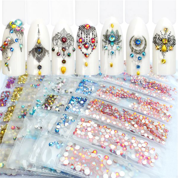 

wuf 1 pack flatback glass nail rhinestones mixed sizes ss4-ss16 nail art decoration stones shiny gems manicure accessories, Silver;gold