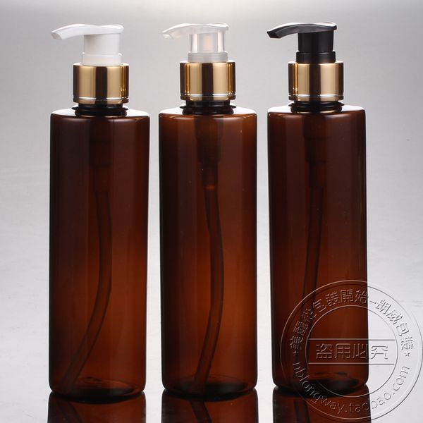 

wholesale- 10pcs/lot 250ml flat shoulder brown bottles with gold pump