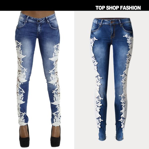 

transparent lace patchwork low waist slim zipper pants, Blue