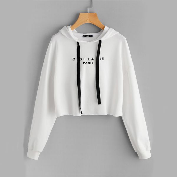 

Letter Sweatyrocks White Drop Shoulder Raw Hem Crop Hoodie Women 'S Letter Print Long Sleeve Casual Pullovers Sweatshirt Fall Top