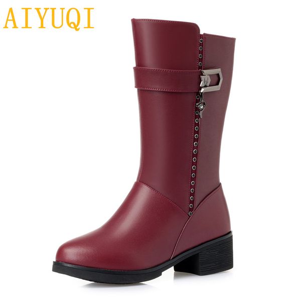 

aiyuqi women winter shoes 2018 new genuine leather wool boots,big size 35-43 thick warm female snow boots, red shiny boots lady, Black