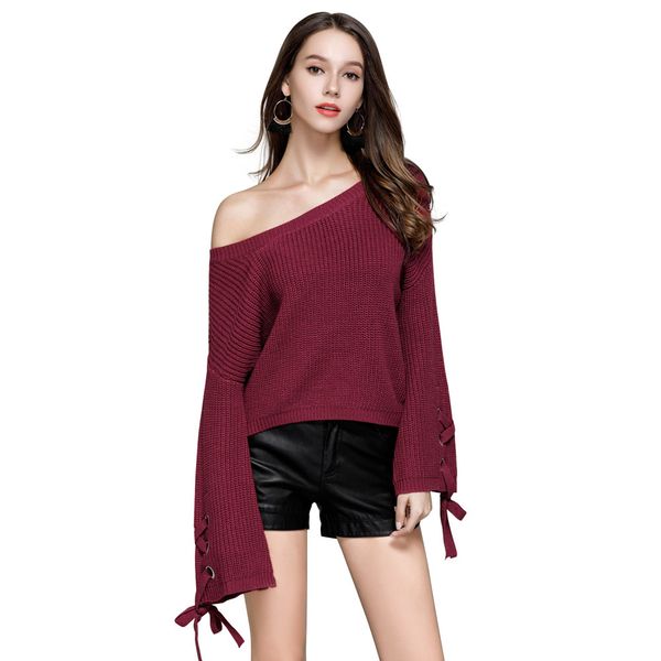 

wipalo lace-up knitting women sweater flare sleeves fashion slash neck sweaters casual pullovers solid autumn srteetwear, White;black