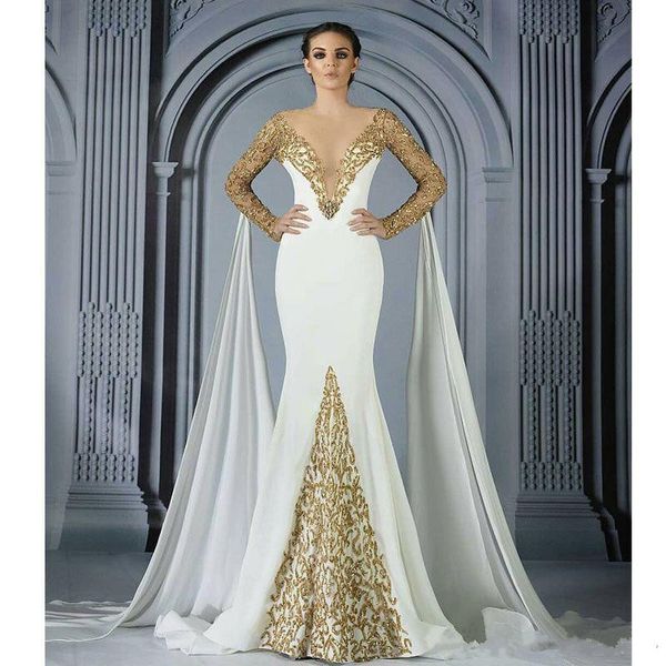 

arabic gold beaded mermaid dresses evening wear deep v neck sequined prom gowns vestidos de fiesta sweep train long sleeves formal dress, Black;red