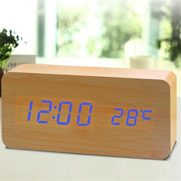 Despertador de madeira, música ativada por voz Despertador digital Tempo de exibição Data Semana Temperatura para quarto Home office - luz azul