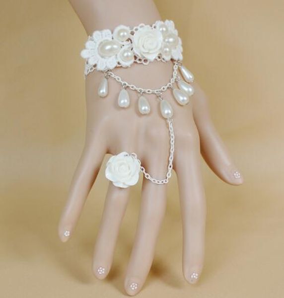 

new bride korean version of female wedding dress accessories princess girl white rose pearl lace bracelet band ring fashion classic ele, Golden;silver