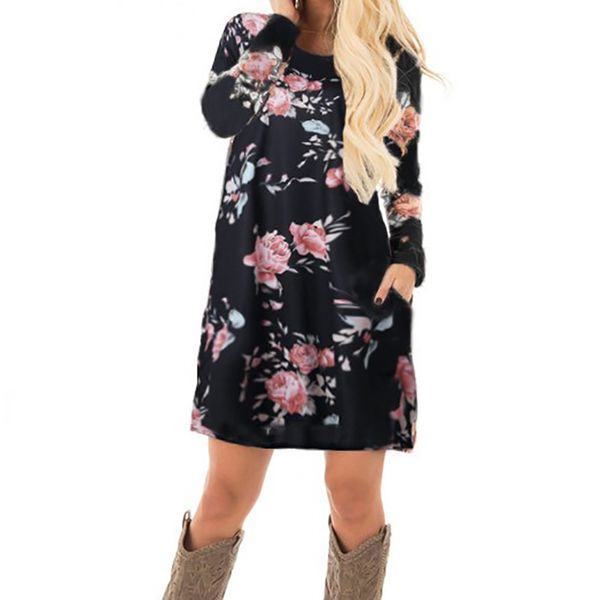 

natural women autumn floral printed dress female long sleeve mini dresses cotton casual plus size summer dresses, Black;gray