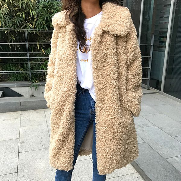 

2018 chic women faux lamb fur coat thicken warm fluffy long fake fur jacket women winter jackets coats furry outerwear overcoat, Black