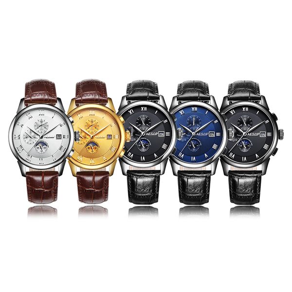 

aesop fashion watch men brand automatic mechanical wrist stainless steel wristwatch male clock relogio masculino hodinky box 9006, Slivery;brown